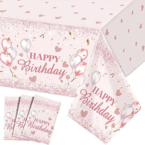 Breling 3 Pcs Pink Rose Gold Glitter Tablecloths for Birthday Parties