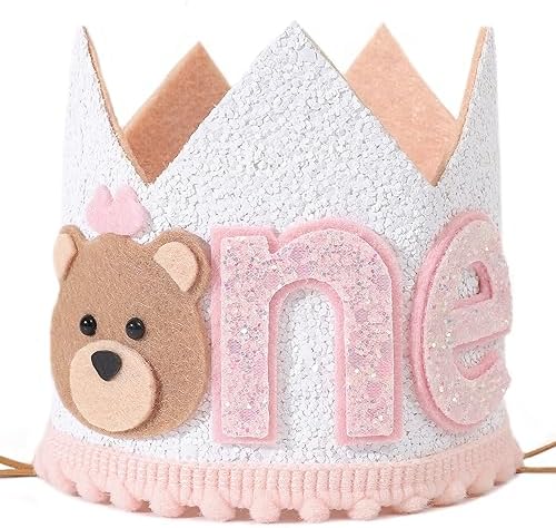 1st Birthday Teddy Bear Crown for Girls - Pink Bear Party Hat
