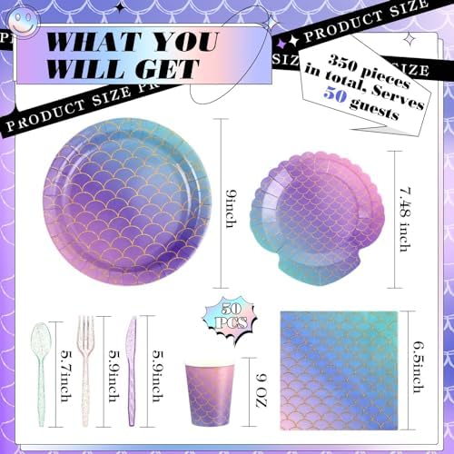 Blushtier 350 Pcs Mermaid Party Supplies Set for 50 Guests