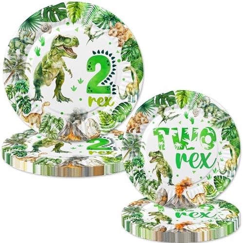 Letromp 80 Pcs Watercolor Dinosaur 2nd Birthday Tableware Set