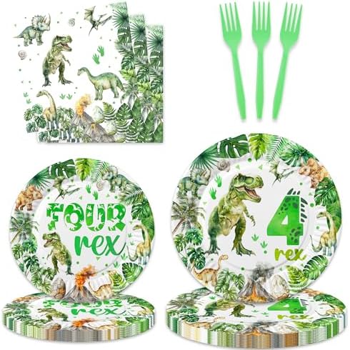 Letromp 80 Pcs Watercolor Dinosaur Party Plates Set for 4th Birthday