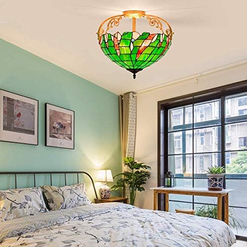 Stained Glass Chandelier 16 Inch Rural Style Green Leaf
