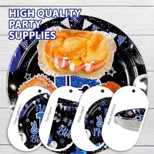 Grencian 96Pcs 15th Birthday Plates for Boys Blue Black Party Set