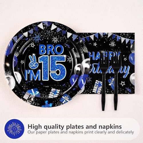 Grencian 96Pcs 15th Birthday Plates for Boys Blue Black Party Set