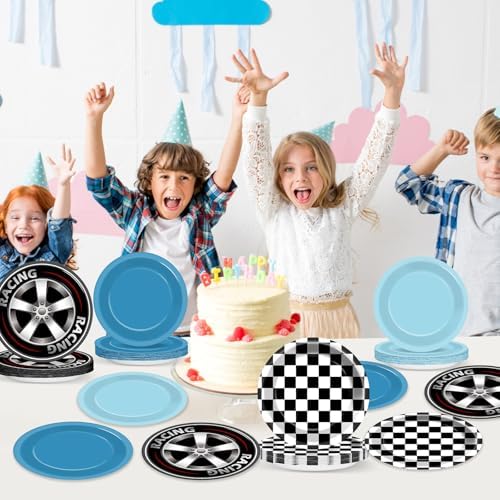 48Pcs Race Car Birthday Plates 7 Inch Black White Fast Plates