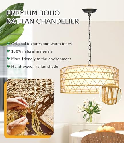 20 Inch Rattan Chandelier with 5 Lights Boho Style