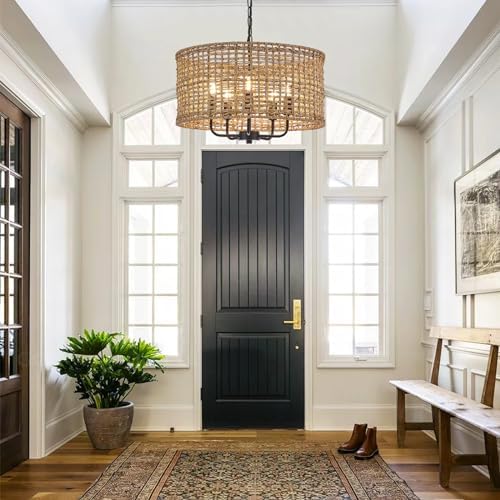 Hand Woven Rattan Chandelier 5 Lights Vintage Farmhouse Style