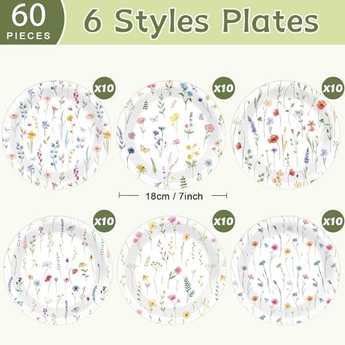 60Pcs Wildflower Party Plates 7 Inch Floral Tableware Set