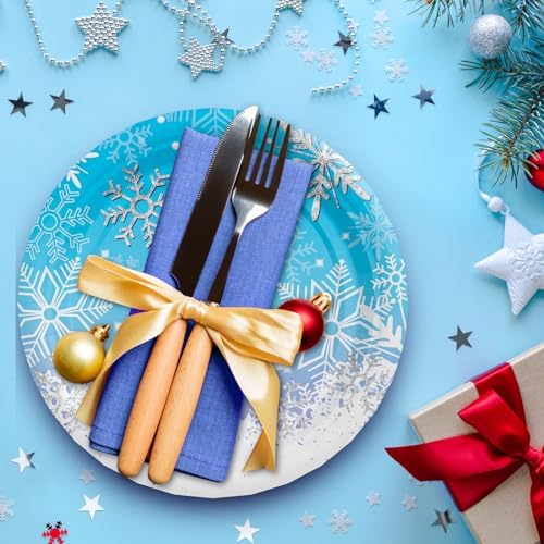 AFZMON 50 Pack Frozen Party Plates 7 Inch Snowflake Themed Disposable Round Plates for Christmas Winter Wonderland