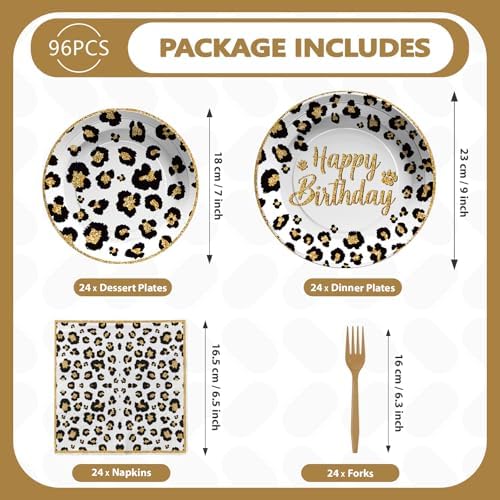 Grencian 96 Pcs Cheetah Print Party Plates Napkins Forks Serving 24