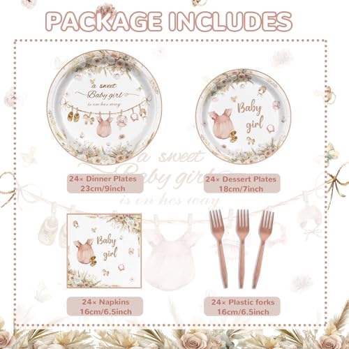 96Pcs Pink Baby Girl Shower Decor Plates Napkins Cups Forks Party Supplies