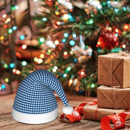 Blue Gingham Santa Hat for Kids Christmas Party
