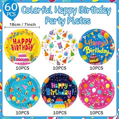 60Pcs Happy Birthday Plates for Kids Party Supplies