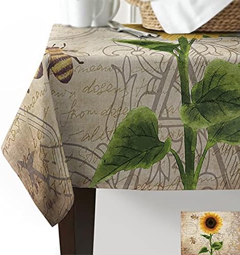 Rectangle Tablecloth Waterproof Stainproof with Retro Sunflower and Bees Design
