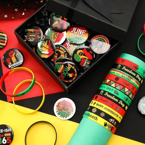 64PCS Juneteenth Party Favors Set Freedom Day Button Badges Pins Bracelets Decorations Bag Fillers
