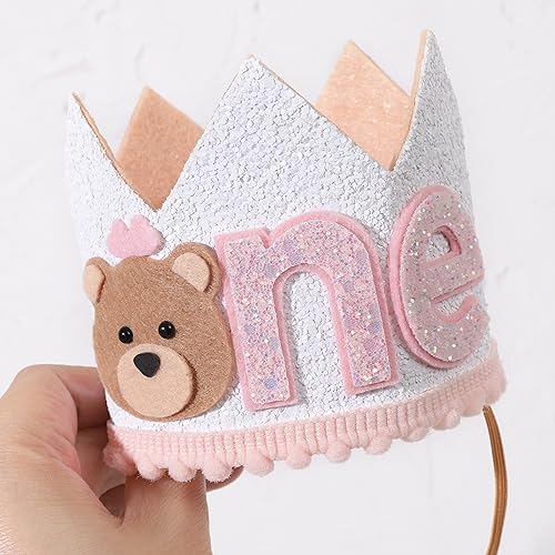 1st Birthday Teddy Bear Crown for Girls - Pink Bear Party Hat