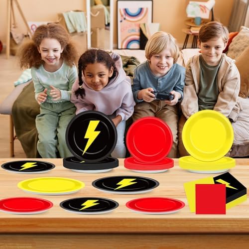 96PCS Red Black Yellow Birthday Party Plates and Napkins for Kids