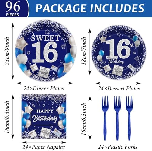 16th Birthday Plates Napkins Forks Set Blue Silver for 24 Guests