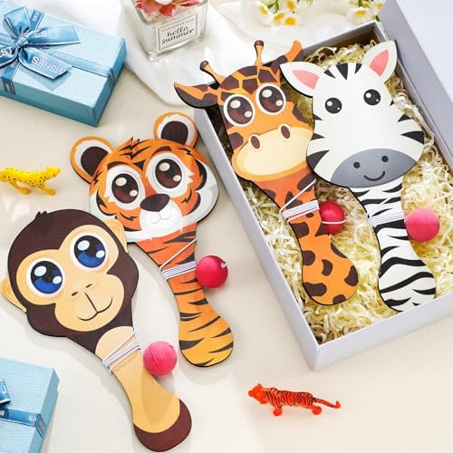 24 Pcs Zoo Animal Paddle Balls with String Set