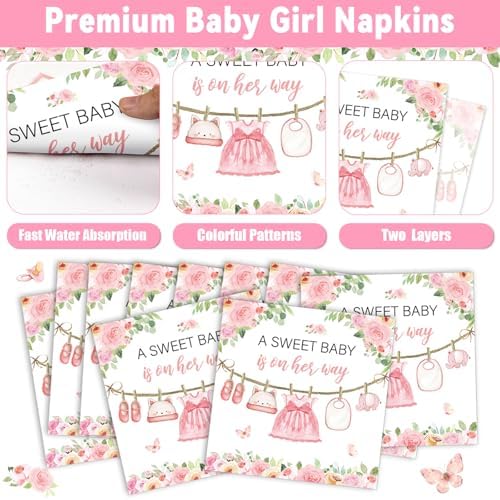 200Pcs Pink Floral Baby Shower Plates Napkins Set