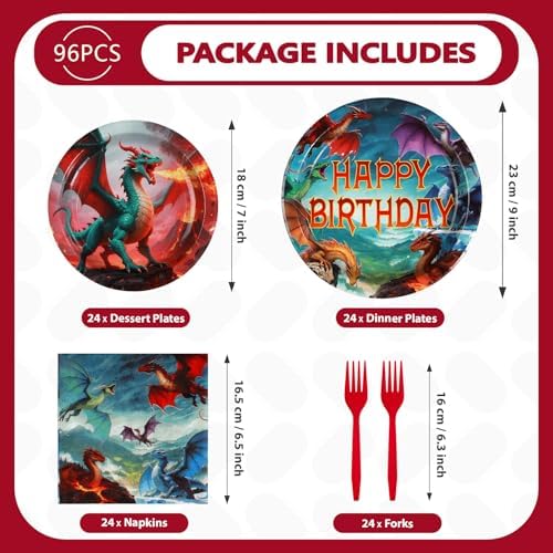 Grencian 96Pcs Dragon Birthday Party Plates and Napkins Set for Kids Boys Fantasy Celebration
