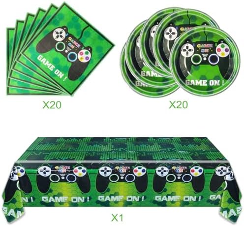 Video Game Party Tableware Set 20 Plates 1 Table Cover 20 Napkins