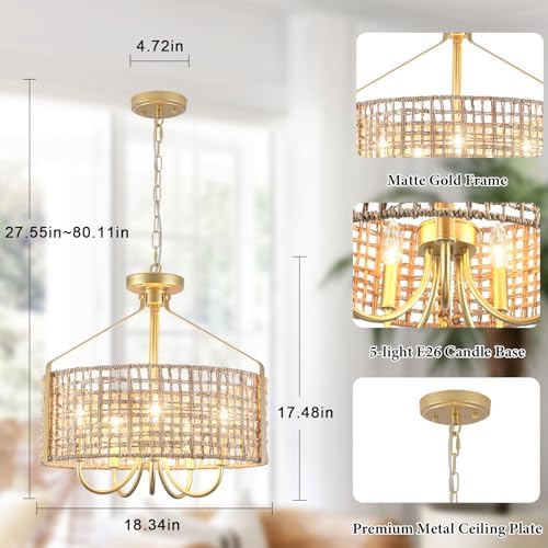 18 Inch Gold Rattan Chandelier 5 Light Boho Design