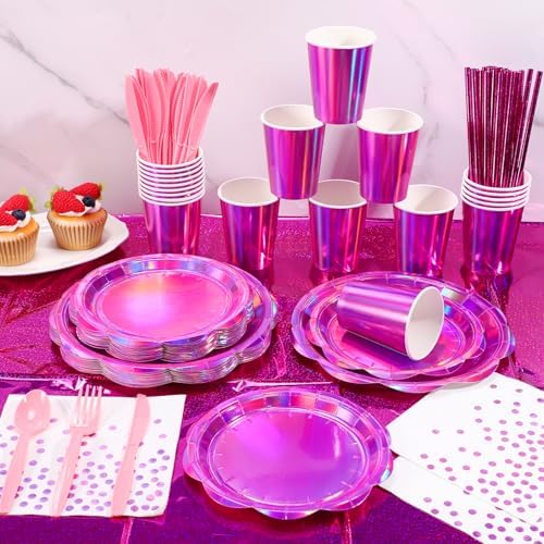200 Pcs Iridescent Pink Party Plates and Napkins Set