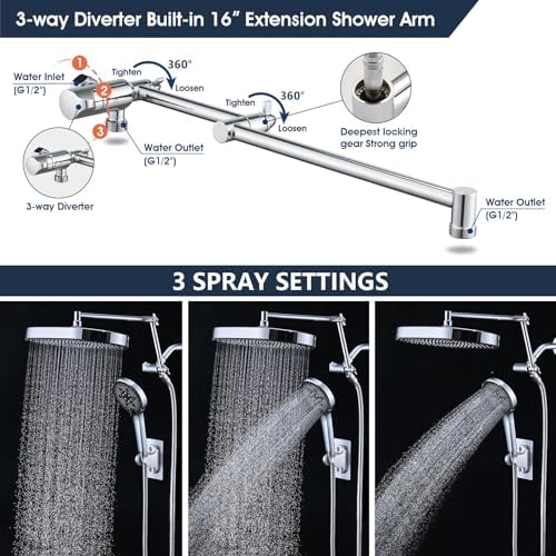 PDPBath 14 Inch Rain Shower Head with 51 Settings Handheld Combo