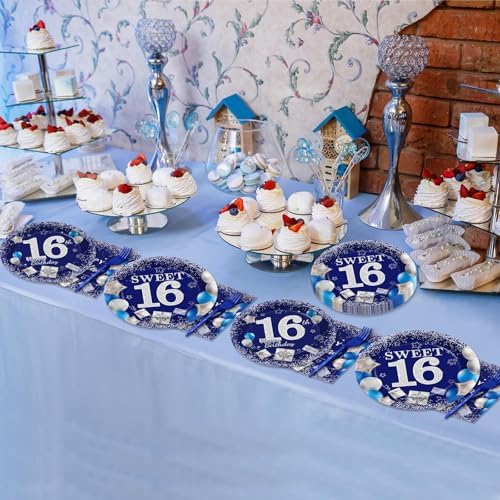 16th Birthday Plates Napkins Forks Set Blue Silver for 24 Guests