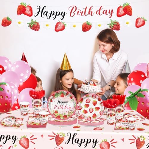188pcs Strawberry Party Supplies Plates Napkins Tablecloth Banner Balloons for Kids Birthday Celebration