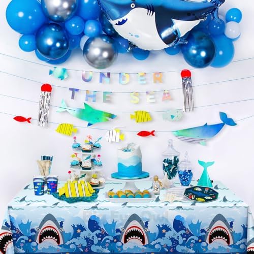 Wave Shark Birthday Tablecloth 54x108 Inch Blue