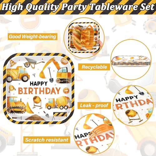 Construction Themed Square Truck Plates Napkins Forks Set for 24 Guests