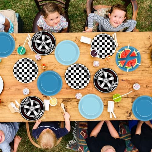 48Pcs Race Car Birthday Plates 7 Inch Black White Fast Plates