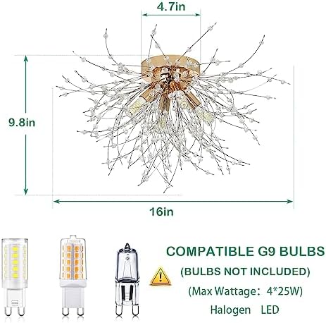 HMVPL Gold Crystal Flush Mount Ceiling Light 4-Light