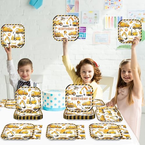 Construction Themed Square Truck Plates Napkins Forks Set for 24 Guests