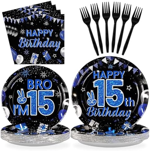 Grencian 96Pcs 15th Birthday Plates for Boys Blue Black Party Set