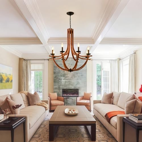 Modern Farmhouse Chandelier with 8 Lights Wood Finish