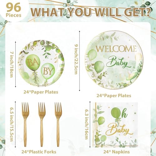 Welcome Baby Greenery Party Plates for 24 Guests