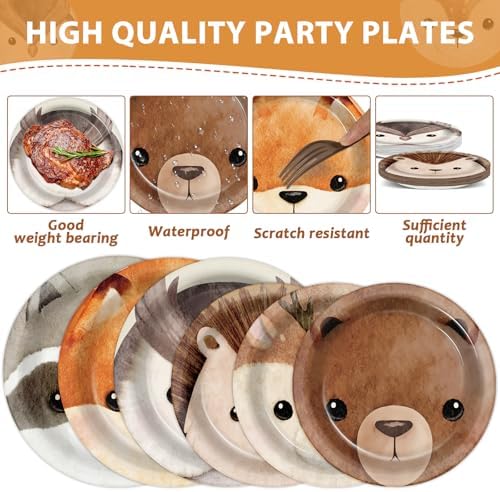 Chunnin 96Pcs Woodland Party Plates Napkins for Animal Themed Events
