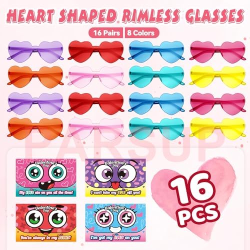 PARSUP 16 Pcs Valentine Greeting Cards with Heart Shape Glasses