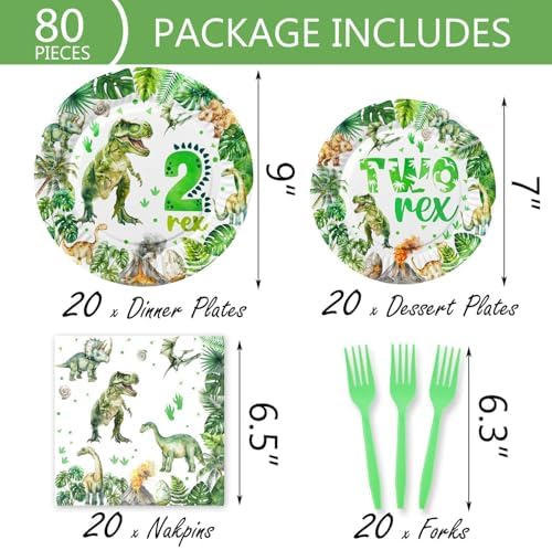 Letromp 80 Pcs Watercolor Dinosaur 2nd Birthday Tableware Set