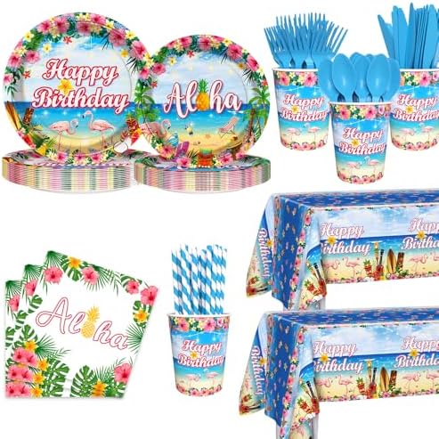 194pcs Hawaiian Aloha Birthday Decorations Set for 24 Guests