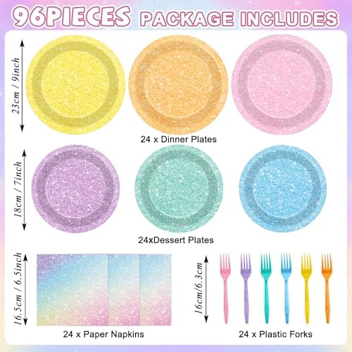 CHUNNIN 96Pcs Pastel Rainbow Party Plates Set