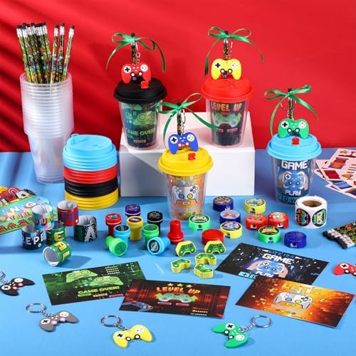 110 Pcs Gamer Party Favor Set with Cups Stickers Keychains and More