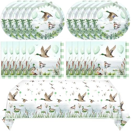 One Lucky Duck Birthday Decorations Tableware Set 41PCS Mallard Duck Plates Napkins for 1st Birthday Party Supplies