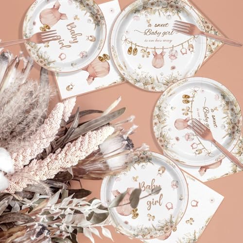 96Pcs Pink Baby Girl Shower Decor Plates Napkins Cups Forks Party Supplies