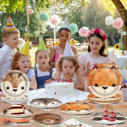 Chunnin 96Pcs Woodland Party Plates Napkins for Animal Themed Events