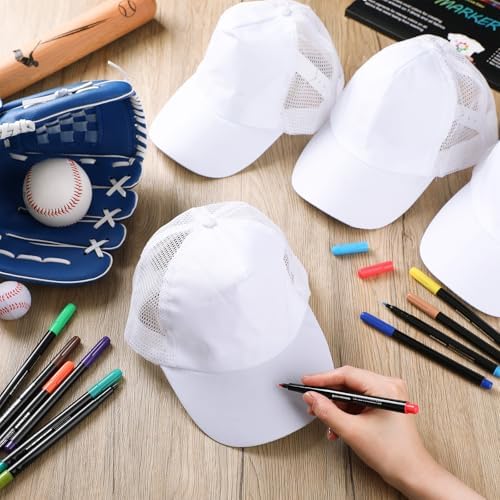 Funnysoft 16 Piece White Blank Baseball Caps with 24 Colors Fabric Markers Adjustable Kids Hats for DIY Custom Painting