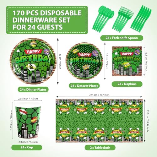 170Pcs Turtle Party Tableware Set for Boys and Teens